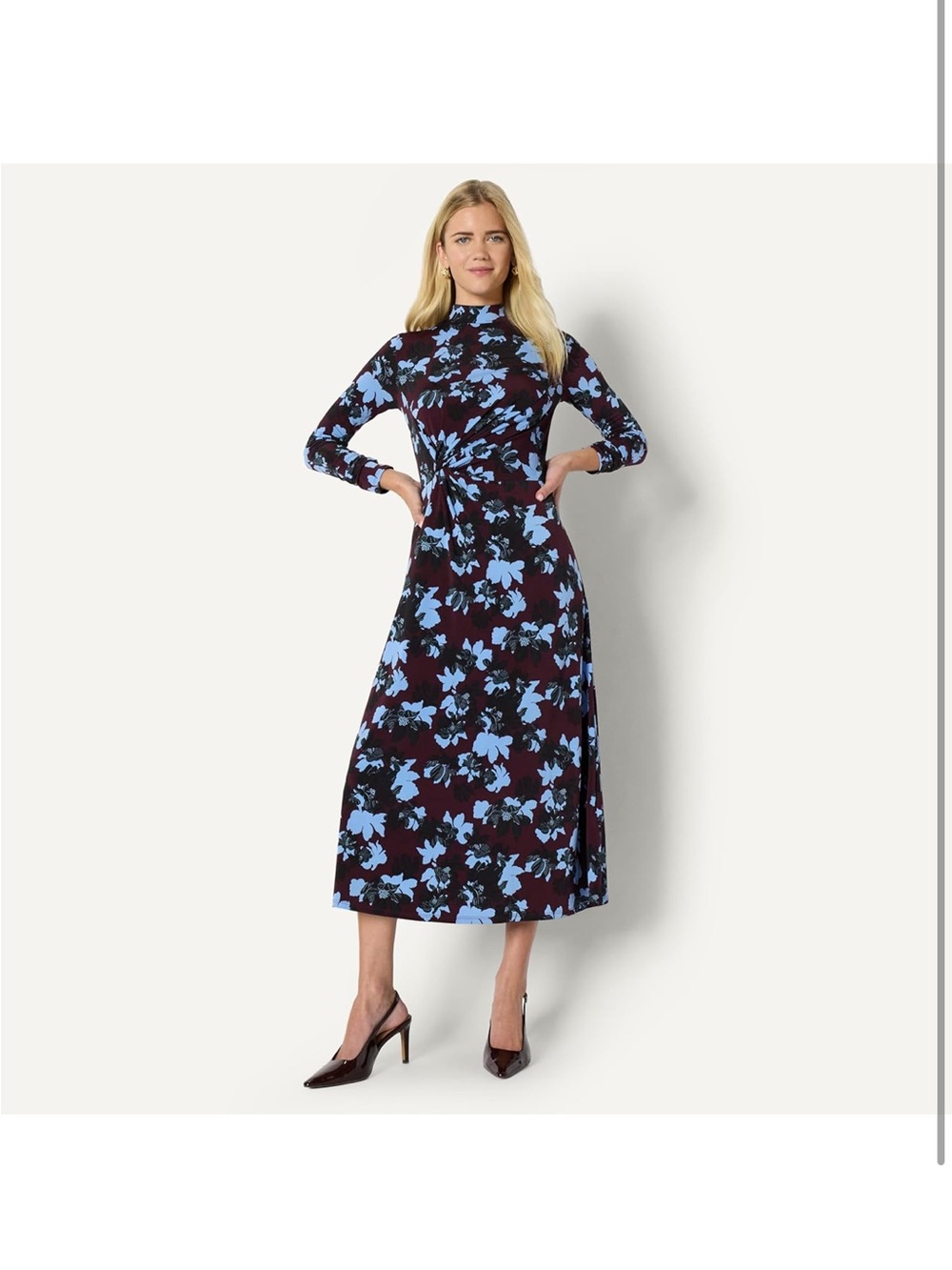 Amazon Essentials Navy Long-Sleeve Floral Midi Dress with Light Blue Print